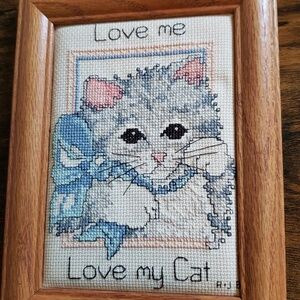 Handcrafted Cross Stitch Cat Embrodery " Love Me, Love My Cat" Framed 6x9